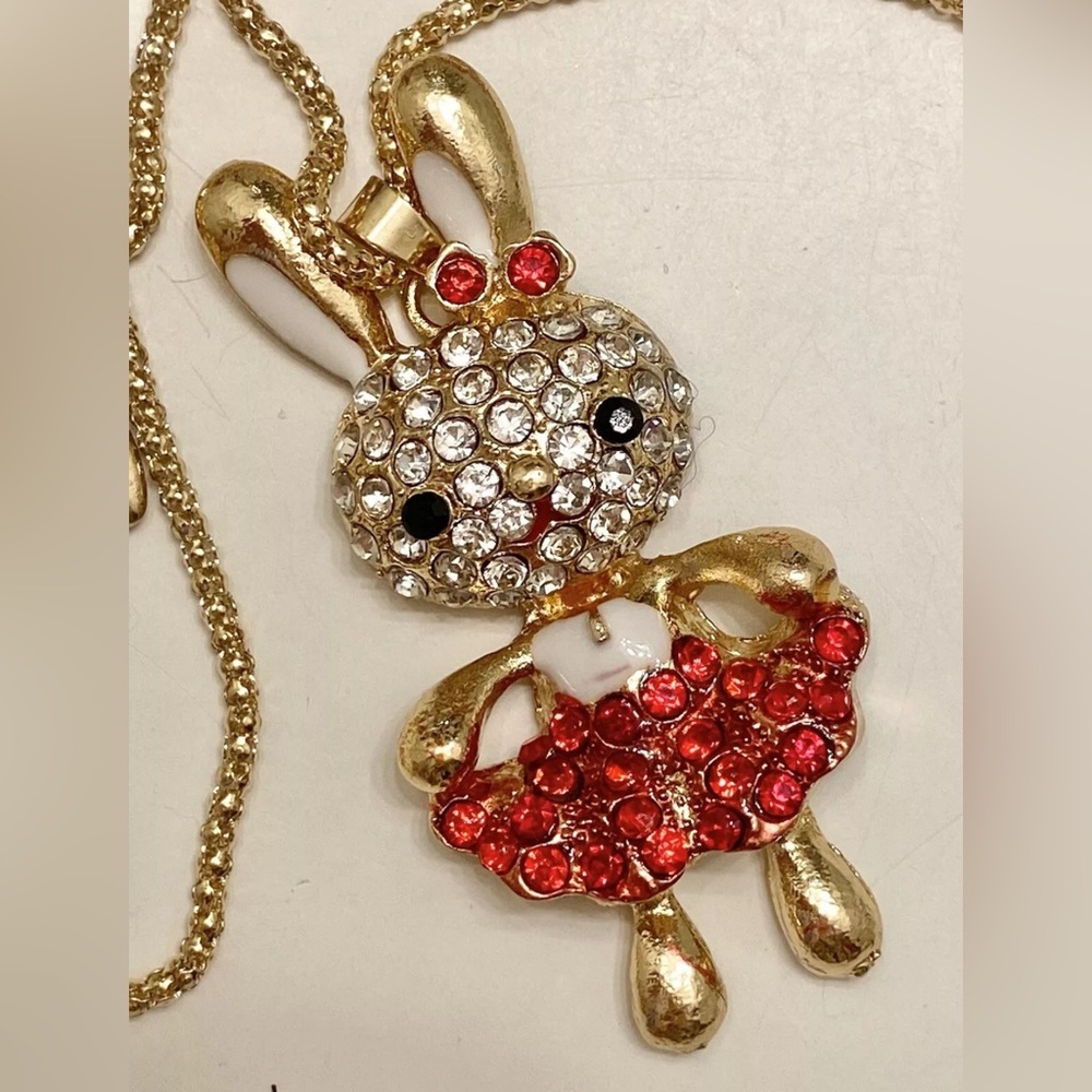 Betsey Johnson Red  Crystal Skirt  Easter Rabbit Bunny Pendant Necklace NWT